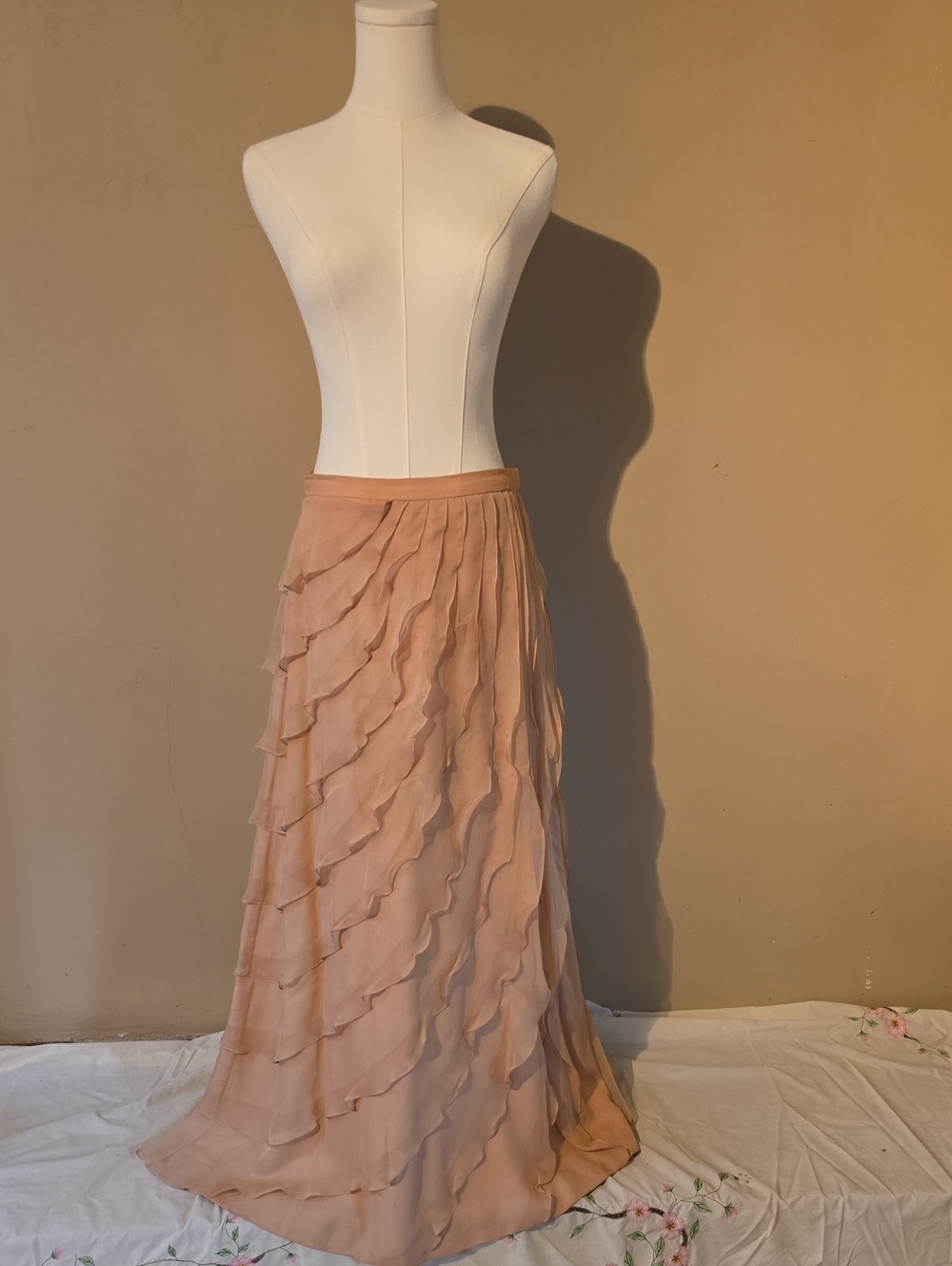 Dusty Pink Chiffon Tiered Ruffle Maxi Skirt.